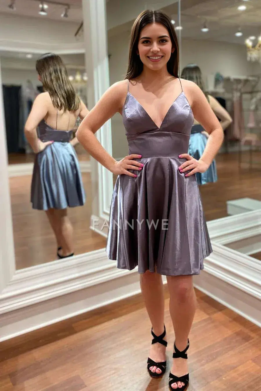 FannyWe Simple Grey V-Neck Spaghetti Straps A-Line Homecoming Dress formal wear dresses